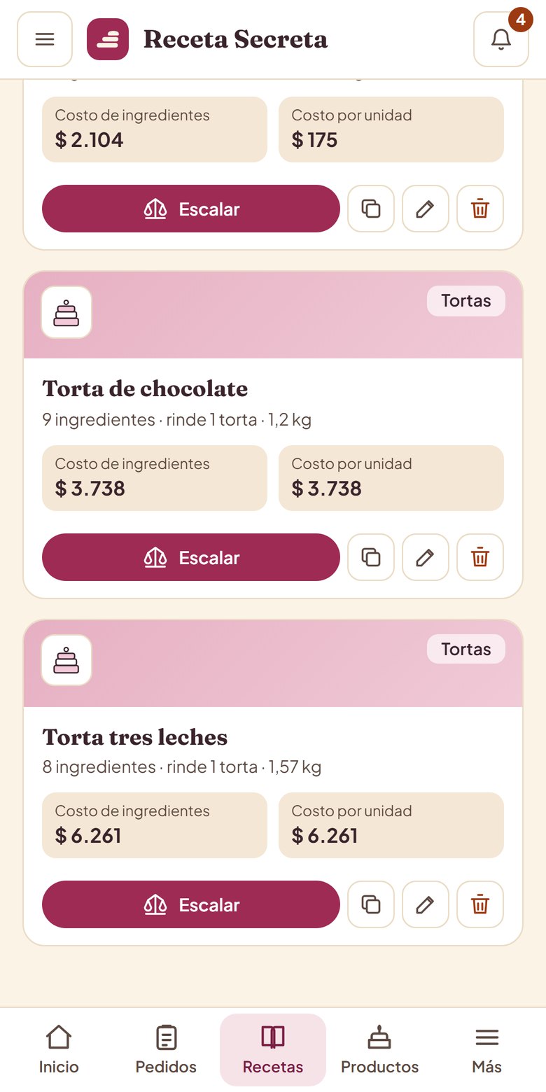 Pantalla Recetas de Receta Secreta en el celular: cada receta con su costo de ingredientes y su costo por unidad, y el menú de abajo