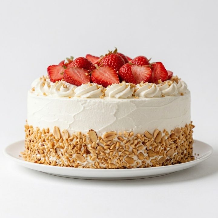 Torta de frutilla cubierta con crema batida, maní molido en la base y frutillas arriba